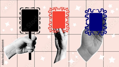 Retro collage design element with different picture frames. Halftone hands with decorative elements in black, red and blue.