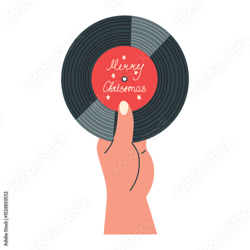 Retro Christmas vinyl record vector illustration. Hand holding Merry Christmas LP. Simple elements for festive cards, posters, social media.