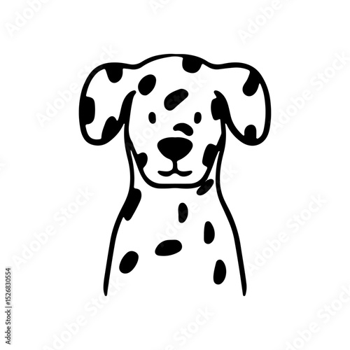 Adorable Dalmatian dog in doodle style. Simple, hand-drawn spotted puppy face. Design element for pet lovers, kids apparel, stickers.. Black and white vector graphic.