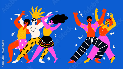 Brasil carnival celebration trendy hand drawn vector concept illustration. Happy dancing samba people in bright costumes. 