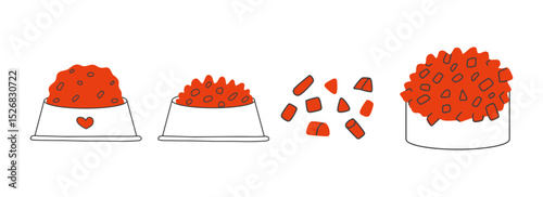 Pet food doodle illustration set. Bowls with food, scattered kibble, and an overflowing food container. Design elements for pet shop advertising, social media posts, and websites.