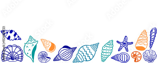 Seashells hand drawn trendy marine collage concept. Marine life border. Line art vector design for banners, poster, social media.