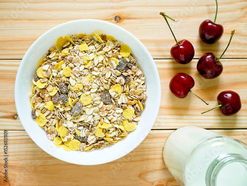 A Bowl of muesli breakfast with fresh cherries