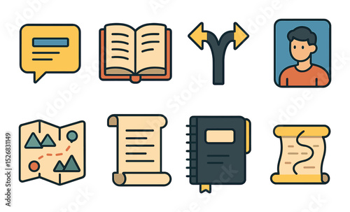 Educational and navigation icons set – outline, learning and direction symbols