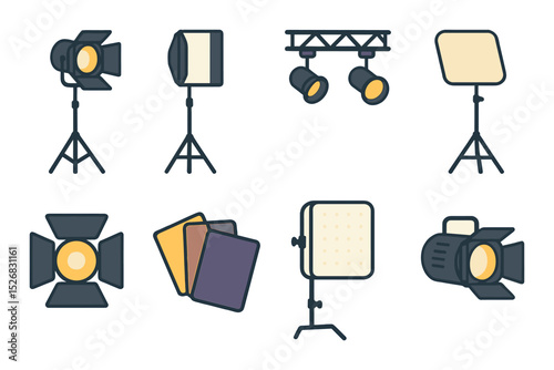 Photography and lighting icons set – flat, camera and studio equipment symbols