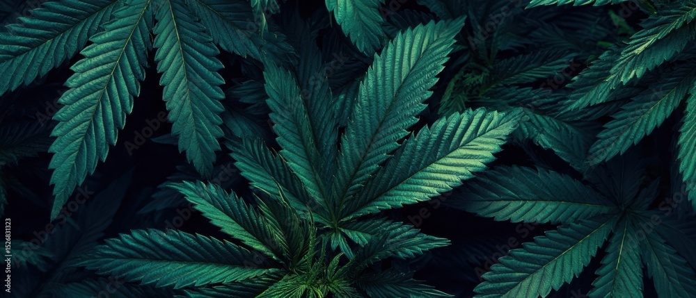 Fototapeta The Lush Green Leaves of Cannabis in a Dark Background