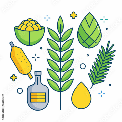 Sukkot Celebration Vector Set with Sukkah, Lulav, Etrog, and Festive Decorations