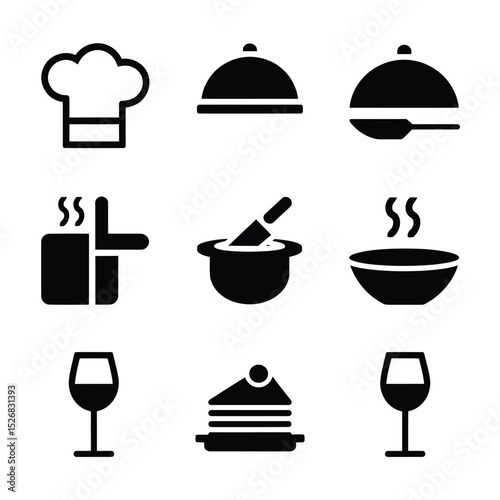 vector icons cooking food chef hat include a pizza slice, a sushi roll, spaghetti and meatballs, a curry bowl burger , fish 
