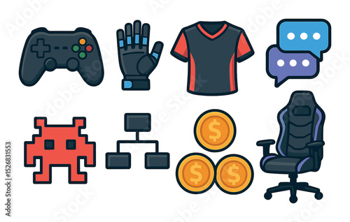 Gamer lifestyle icons set – flat, gaming and entertainment design elements