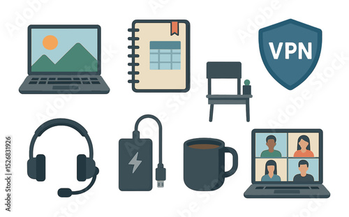 Remote work essentials icons set – flat, office tools and digital workspace symbols
