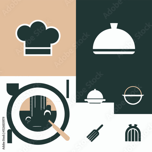vector icons cooking food chef hat include a pizza slice, a sushi roll, spaghetti and meatballs, a curry bowl burger , fish 
