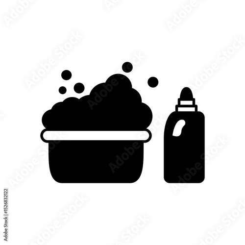 Washbasin vector icon with soap bubbles and liquid detergent or cleaner bottle. Suitable for hygiene, washing, household cleaning, laundry care or cleaning products concept illustration.