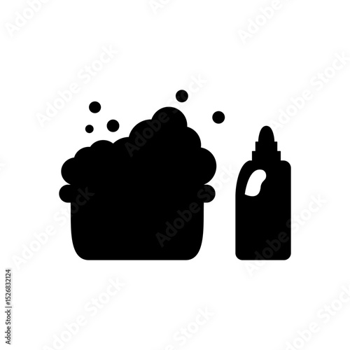 Washbasin vector icon with soap bubbles and liquid detergent or cleaner bottle. Suitable for hygiene, washing, household cleaning, laundry care or cleaning products concept illustration.