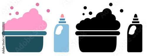 Washbasin vector icon with soap bubbles and liquid detergent or cleaner bottle. Suitable for hygiene, washing, household cleaning, laundry care or cleaning products concept illustration.