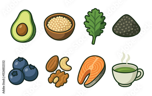 Superfoods line icons set – 3d, nutrition and health symbols for diet planning