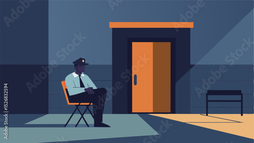 A lone security guard sitting on a folding chair outside the main entrance his job now reduced to protecting an abandoned facility from intruders.. Vector illustration