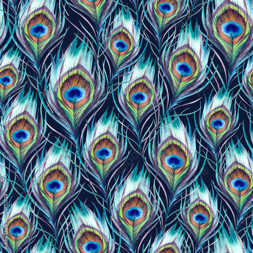 Peacock and feathers seamless pattern. A hand-drawn watercolor illustration on a dark background. Indian, Japanese, Chinese holiday ornaments with beautiful bright peacocks. Clipart for decoration