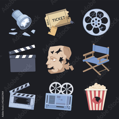 vector icons cinema, Director's Chair , theatrical Ticket roles, video tape, shattered spotlight  
