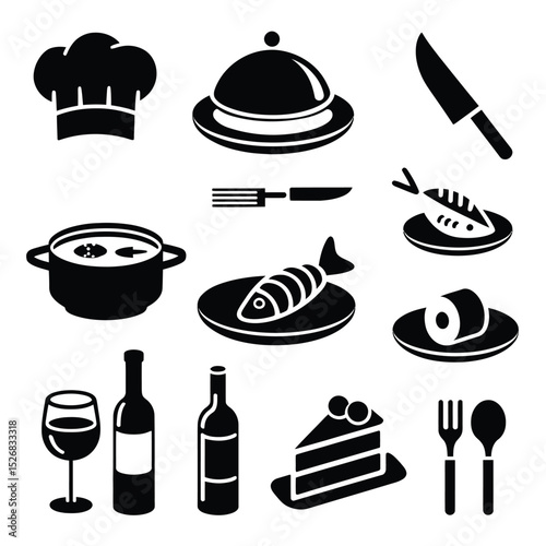 vector icons cooking food chef hat include a pizza slice, a sushi roll, spaghetti and meatballs, a curry bowl burger , fish 
