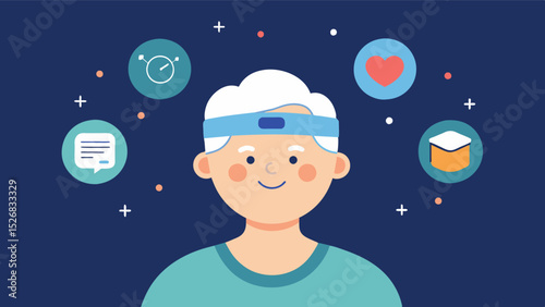 An older adult wearing a sleep tracking headband providing insight and recommendations for improving the quality of sleep which is vital for brain health and overall wellbeing.. Vector illustration