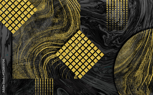 Fototapeta Naklejka Na Ścianę i Meble -  3d illustration modern wallpaper. black wood and marble with golden shapes for wall decor
