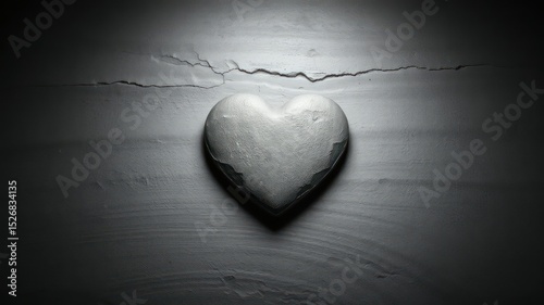 Stone heart symbol resting on a textured surface, under dramatic lighting, conveys emotion and fragility