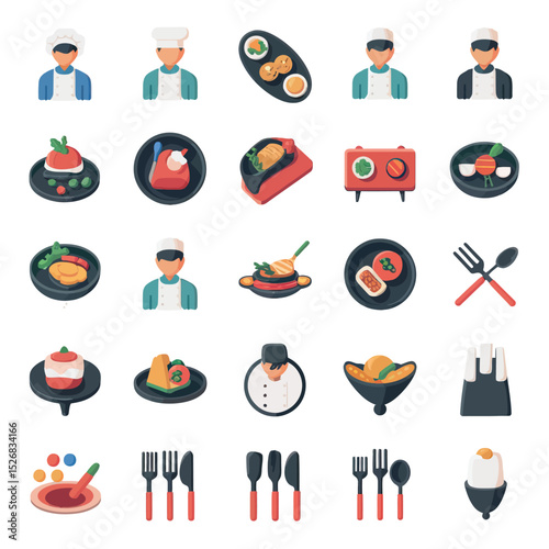 vector icons cooking food chef hat include a pizza slice, a sushi roll, spaghetti and meatballs, a curry bowl burger , fish 
