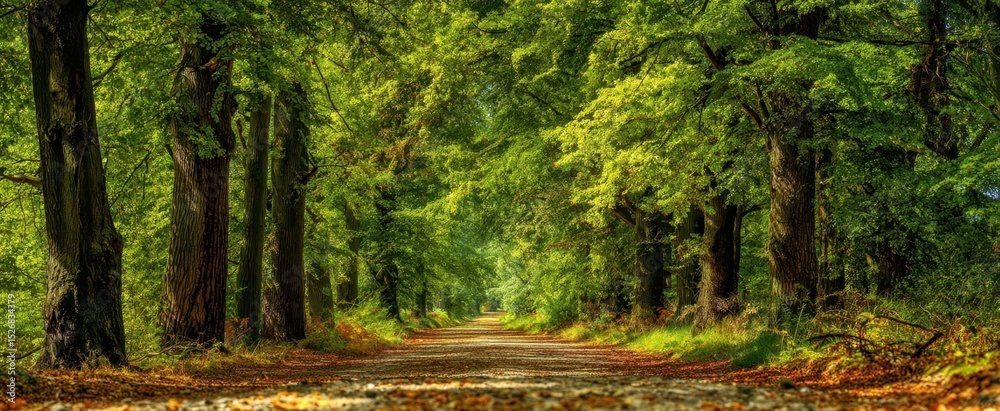 Fototapeta premium The serene forest pathway surrounded by vibrant green trees and sunlight.