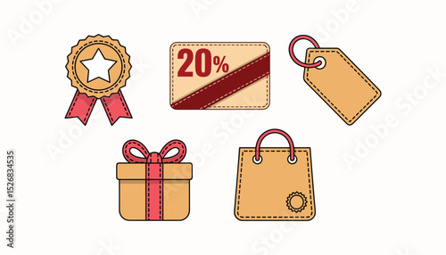 Shopping and Discount Icons Set – Labels, Gift Box, Sale Tag, and Reward Badge
