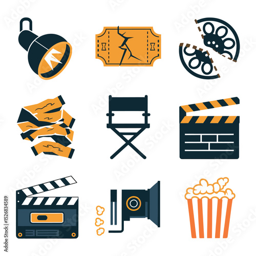 vector icons cinema, Director's Chair , theatrical Ticket roles, video tape, shattered spotlight  
