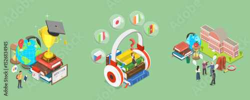 3D Isometric Flat Vector Illustration of International Study Opportunines, Studying Abroad