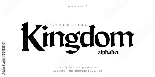 Font the Kingdom. Vintage typeface design. Graphic display alphabet. Fantasy type of letters. Latin characters, numbers. Vector illustration. Old badge, label, logo template. theme Royal, castle, 
