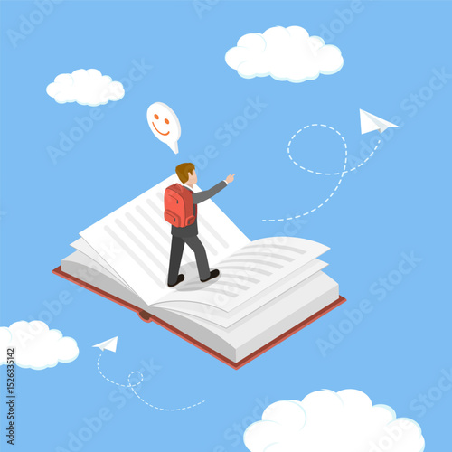 3D Isometric Flat Vector Illustration of Booklover, Joyful Young Man Soars Through Pages Into Enchanted Fairytale Realm