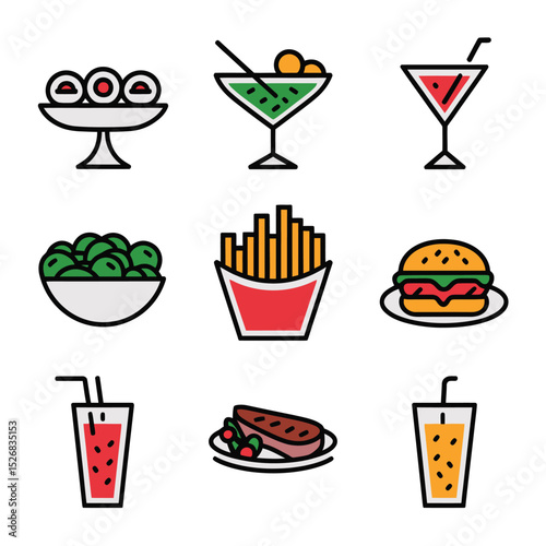 vector icons cooking food chef hat include a pizza slice, a sushi roll, spaghetti and meatballs, a curry bowl burger , fish 
