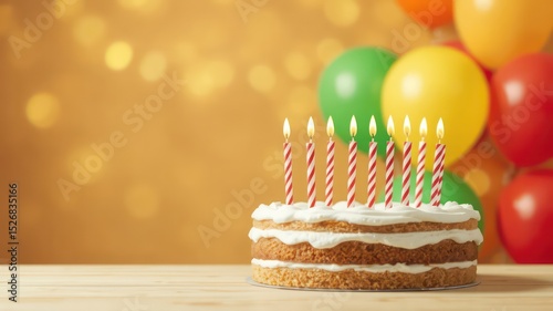 Celebration of life with frosted cake, lit candles, and colorful balloons creating a warm and inviting atmosphere of cheerfulness