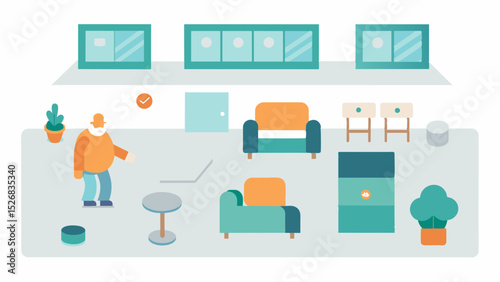 An open and airy floor plan with minimal furniture to reduce confusion and disorientation for those with dementia.. Vector illustration