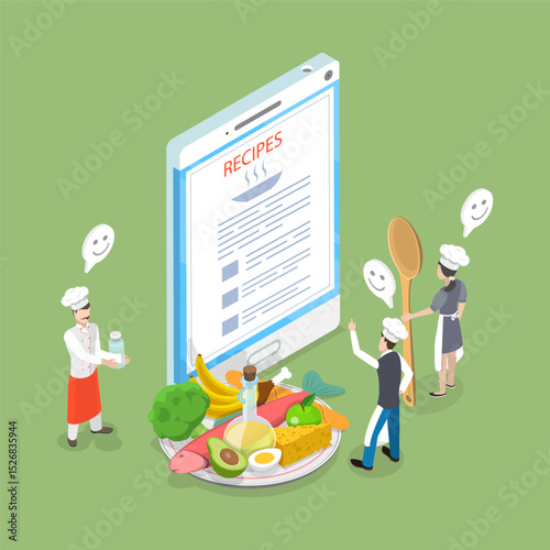 3D Isometric Flat Vector Illustration of Cooking Process Website, Online Recipe Collection