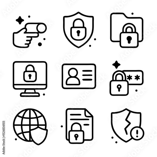 Nine icons for online security. Suitable for cybersecurity websites, articles, presentations, and social media graphics. Padlock, shield, key, fingerprint, lock, firewall symbols.