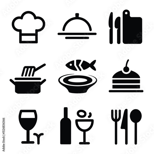 vector icons cooking food chef hat include a pizza slice, a sushi roll, spaghetti and meatballs, a curry bowl burger , fish 
