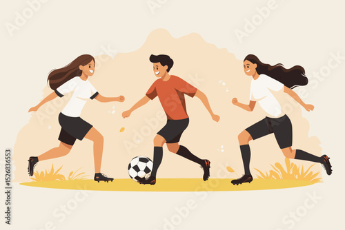 Kids playing soccer in a grassy field