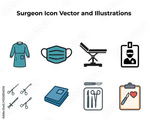 Surgeon Icon Vector Set – Surgical Tools, Mask, Gown, and Operation Room Illustrations
