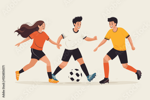 Kids playing soccer in a grassy field