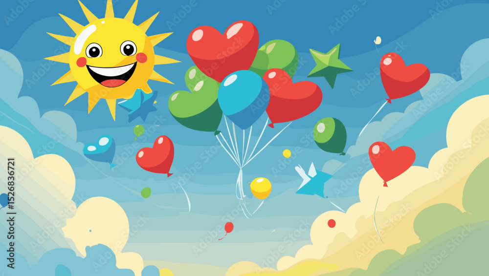 Naklejka premium Cheerful sun smiling with colorful balloons in a bright blue sky