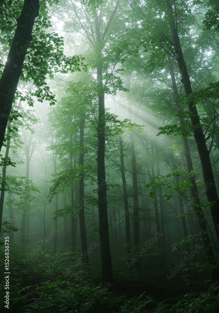Fototapeta premium Sunbeams in Misty Forest - Sun rays pierce through the fog in a lush green forest, creating a mystical and serene atmosphere