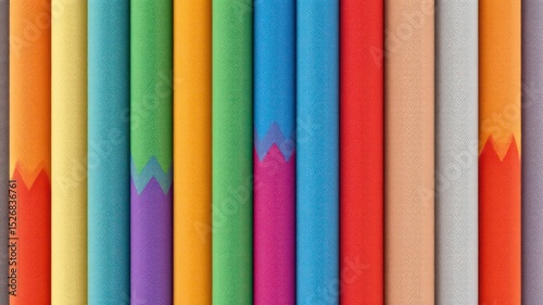 Vertical arrangement of cylindrical shapes with herringbone pattern in vibrant and assorted colors, creating an abstract image