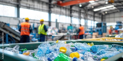The recycling of plastic bottles in a modern waste processing facility.
