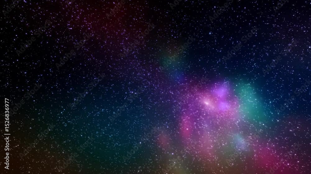 Vibrant, swirling nebulae illuminate a star-filled dark expanse, creating a colorful cosmic display Vibrant, swirling nebulae illuminate a star-filled dark expanse, creating a colorful cosmic display