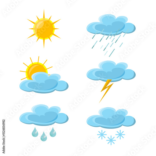 Set of vector weather icons including sun, rain, clouds, storm. Flat style meteorology symbols isolated on white background. Simple forecast pictograms for app, web, or infographic design
