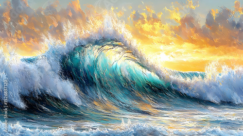 Powerful Ocean Wave at Sunset