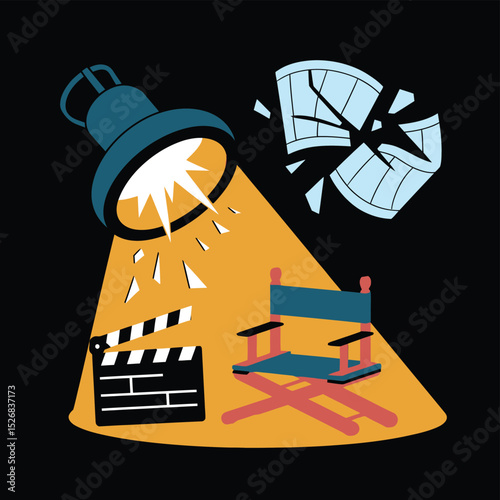 vector icons cinema, Director's Chair , theatrical Ticket roles, video tape, shattered spotlight  
